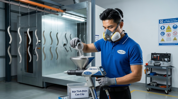 Chuẩn bị bột sơn tĩnh điện trước khi phun Chuẩn bị bột sơn và thiết lập súng phun tĩnh điện