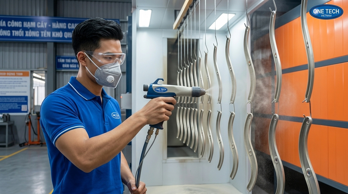 Phun sơn tĩnh điện trong buồng phun Buồng phun sơn tĩnh điện cho sản phẩm kim loại
