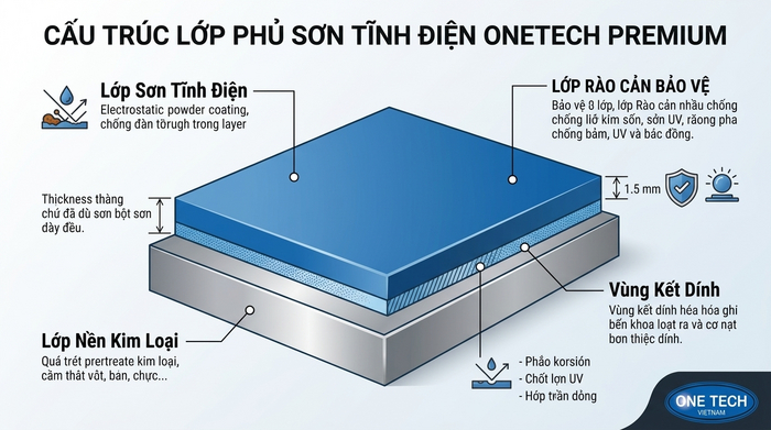 Mặt cắt cấu tạo lớp sơn tĩnh điện trên bề mặt kim loại