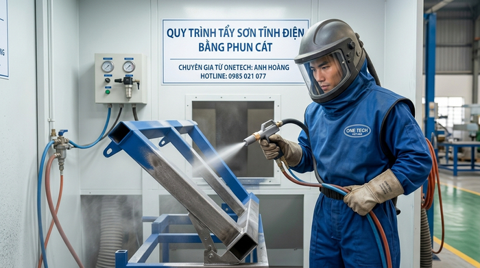 Phun cát tẩy sơn tĩnh điện trên bề mặt kim loại