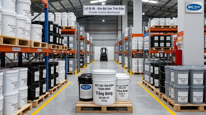 Sắp xếp bột sơn tĩnh điện trên kệ và pallet trong kho