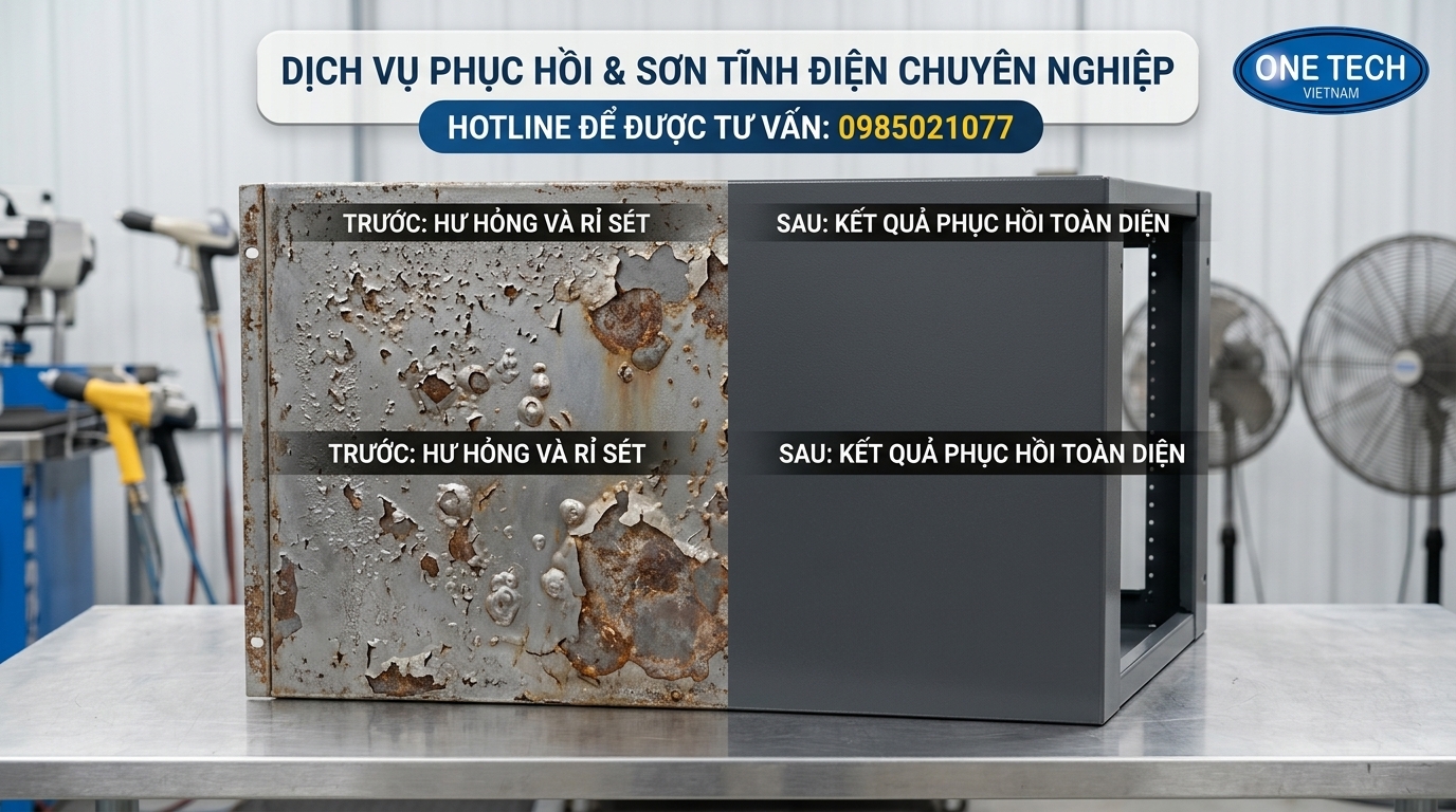 So sánh bề mặt sơn tĩnh điện trước và sau khi xử lý bong tróc