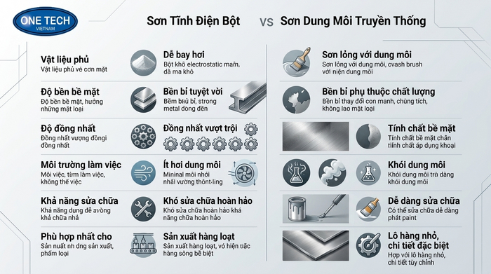 So sánh sơn tĩnh điện và sơn thường Bảng so sánh sơn tĩnh điện và sơn dung môi thông thường cho kim loại