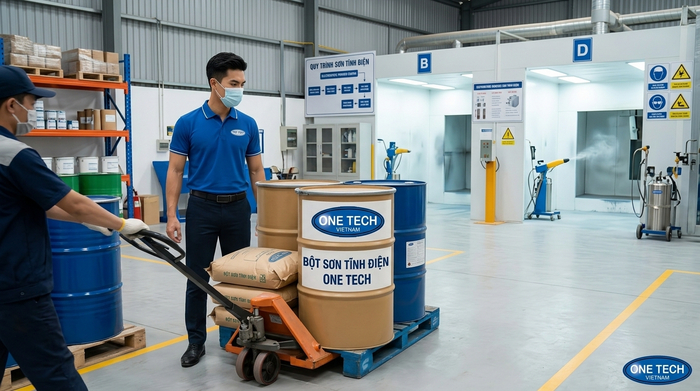 Vận chuyển bột sơn tĩnh điện trong xưởng trước khi phun