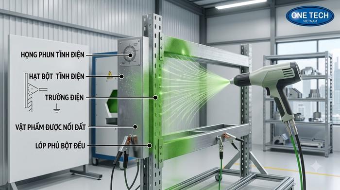 Sơn tĩnh điện là gì và nguyên lý hoạt động Minh họa nguyên lý sơn tĩnh điện cho sản phẩm kim loại tại Hồ Chí Minh