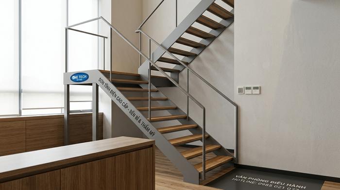 Cầu thang sắt sơn tĩnh điện và bậc gỗ cho nhà phố Cầu thang sắt sơn tĩnh điện kết hợp bậc gỗ