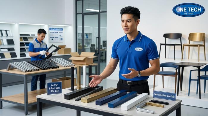 Quy trình sơn tĩnh điện bàn ghế tại OneTech Quy trình đặt sơn tĩnh điện bàn ghế tại OneTech từ tư vấn đến bàn giao