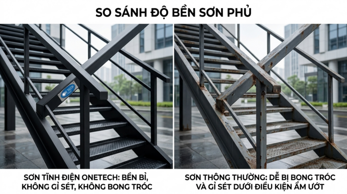 Độ bền sơn tĩnh điện so với sơn thường cho cầu thang So sánh sơn tĩnh điện và sơn thường cho cầu thang sắt